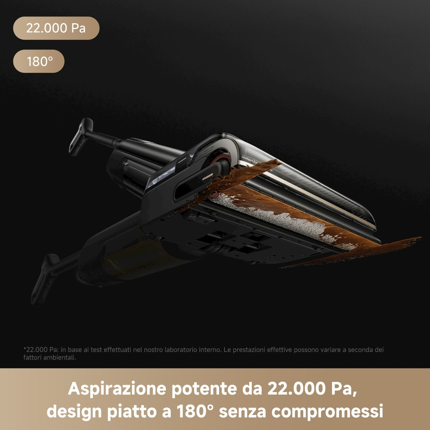 Un aspirapolvere nero con superficie di pulizia marrone. In alto: '22.000 Pa' e '180°'.
