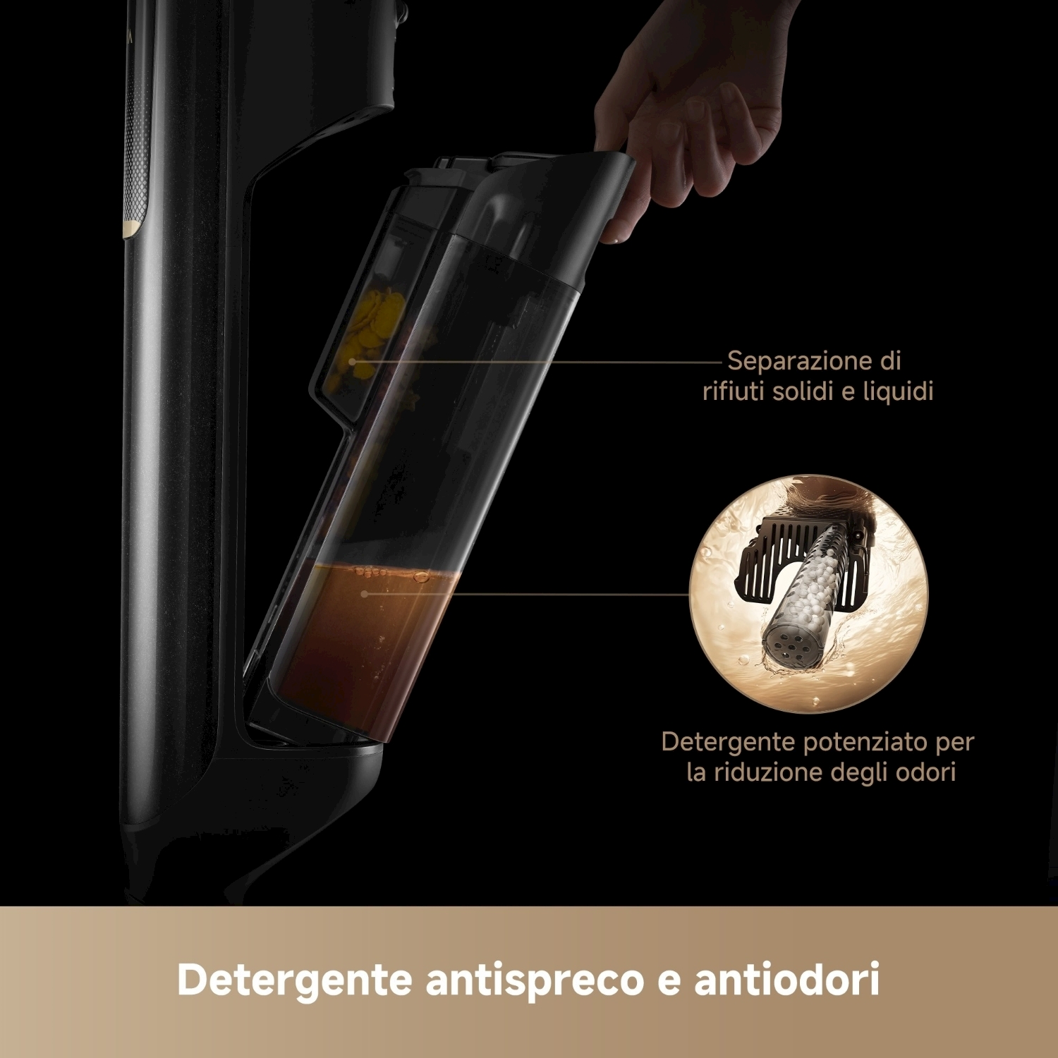 Una mano tiene un contenitore trasparente. All'interno, i rifiuti sono separati. Testo: Separazione rifiuti, riduzione odori.
