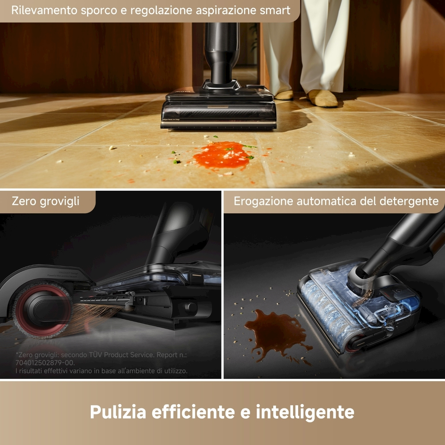 Aspirapolvere che pulisce un pavimento sporco. Macchia rossa e detriti visibili. Le sezioni mostrano funzioni come senza grovigli e detergente automatico.