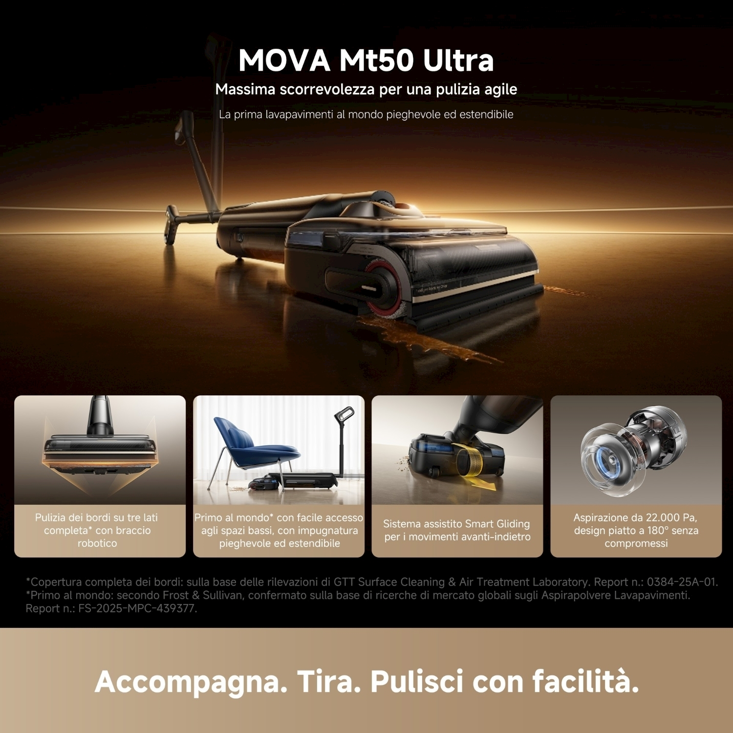 Viene mostrato un pulitore per pavimenti nero e argento. L'immagine include testo che descrive le sue caratteristiche come il braccio robotico e lo Smart Gliding.