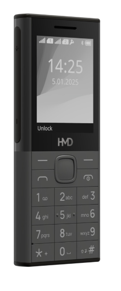 Ein schwarzes HMD-Telefon zeigt die Uhrzeit 14:25, das Datum 5.01.2025 an. Es hat eine Tastatur mit Zahlen und Symbolen. Der Bildschirm sagt 'Entsperren'.