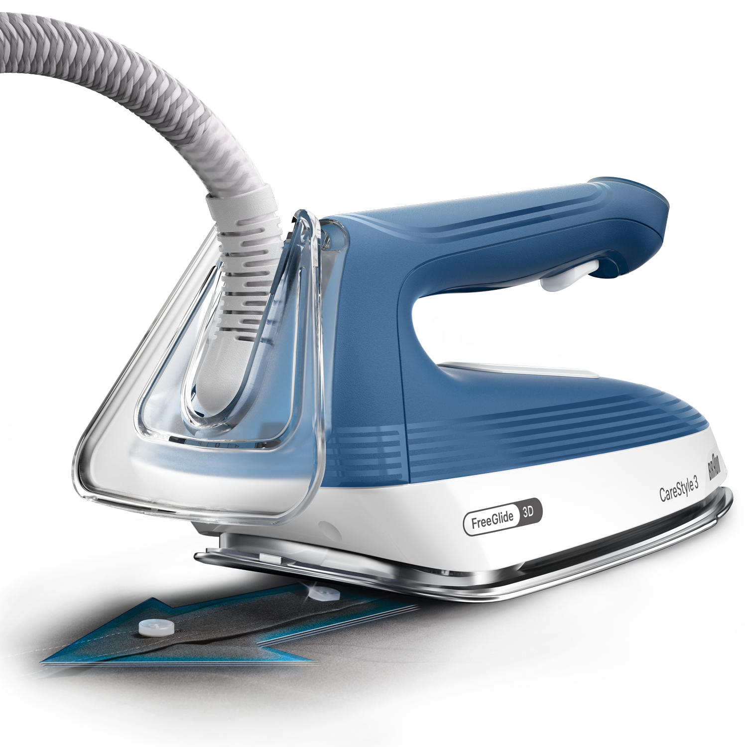 A blue and white steam iron with a gray hose, on a black surface, with an arrow indicating iron direction.