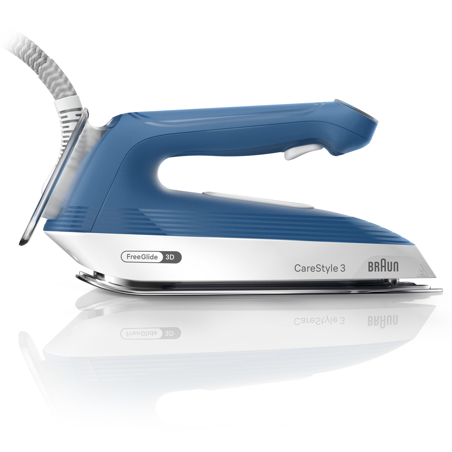 Blue and white Braun iron. Features include a handle, steam cord, and the words "CareStyle 3" and "FreeGlide 3D".