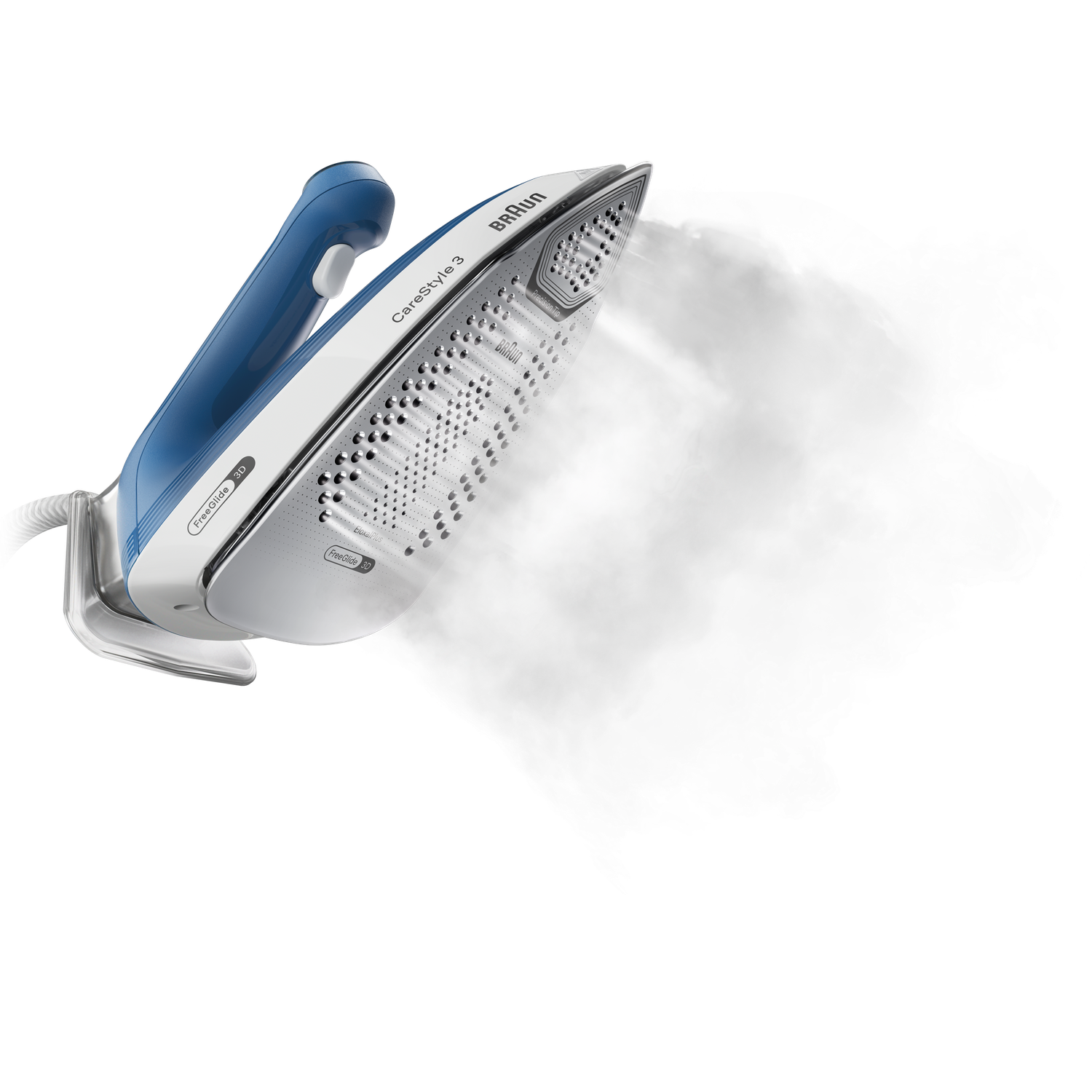 A blue and white Braun iron steaming. The iron is angled left, steam billowing out. Background is black.
