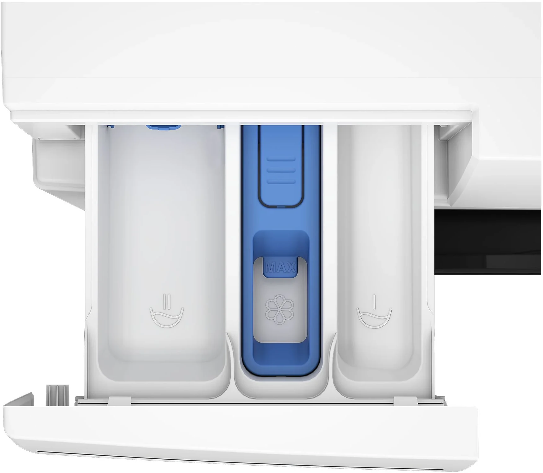 Zbliżenie na szufladę na detergent w pralce. Ma trzy przegrody: dwie białe i jedną niebieską.