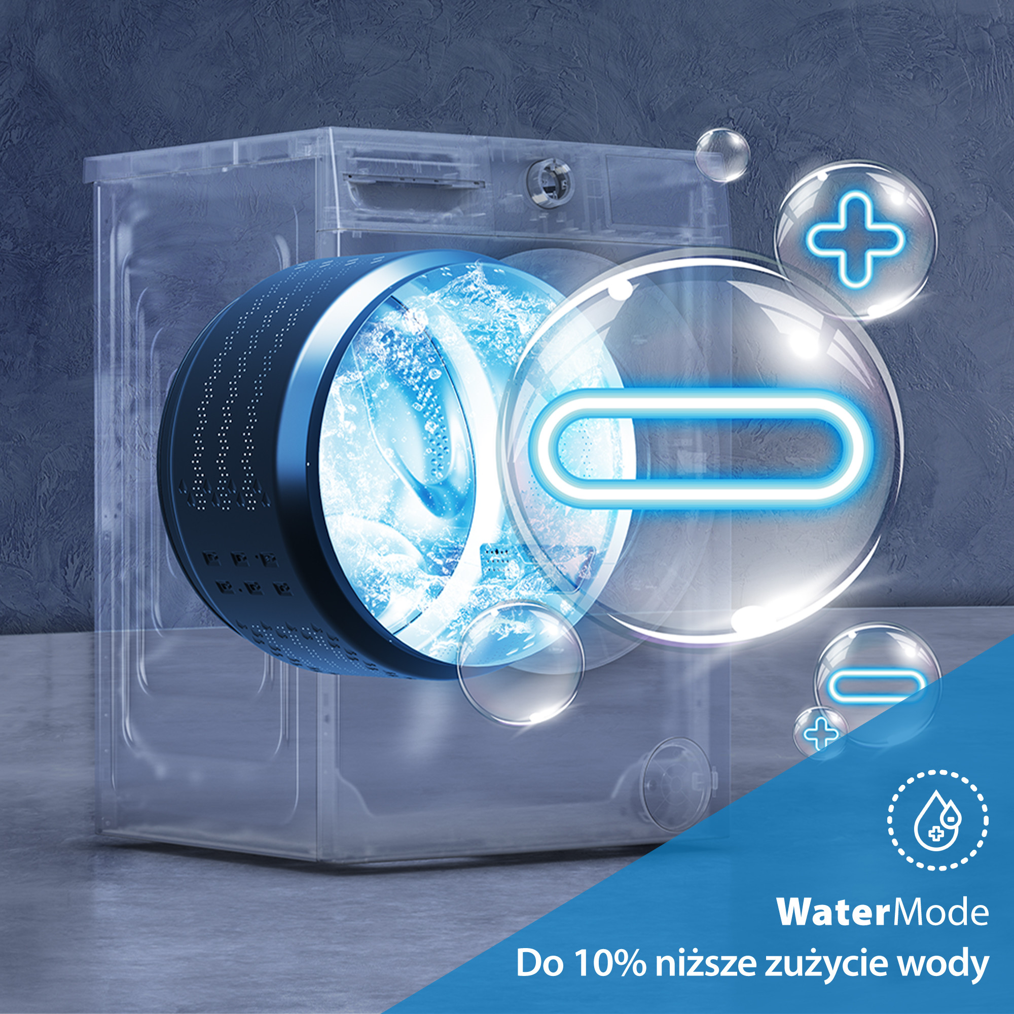Abstrakcyjne zdjęcie pokazuje pralkę z efektem wody. Przezroczyste bąbelki i znaki plus oznaczają WaterMode, z tekstem o oszczędności wody.