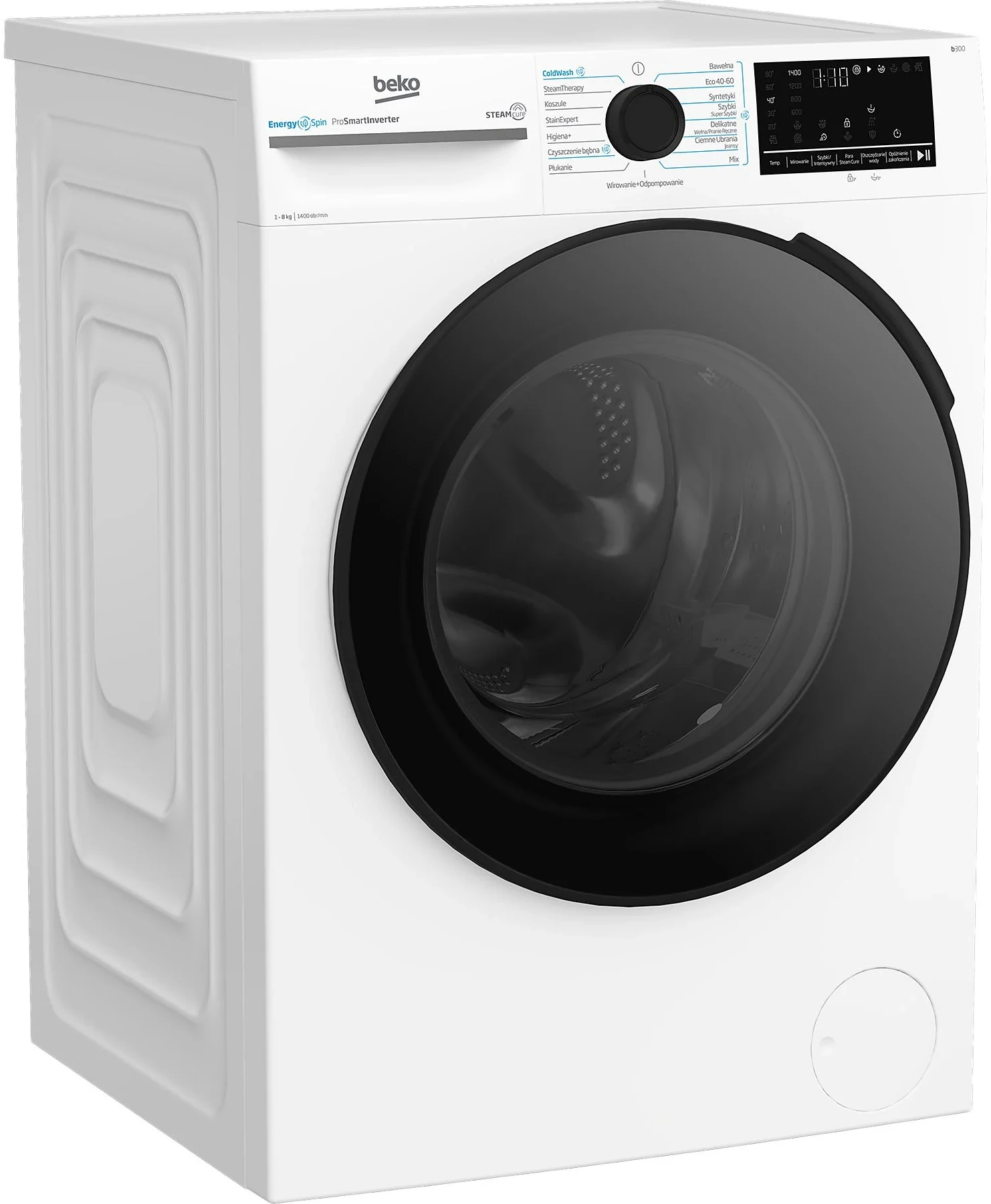 Biała pralka Beko z czarnymi drzwiami i panelem sterowania. Ma pokrętło i wyświetlacz cyfrowy.