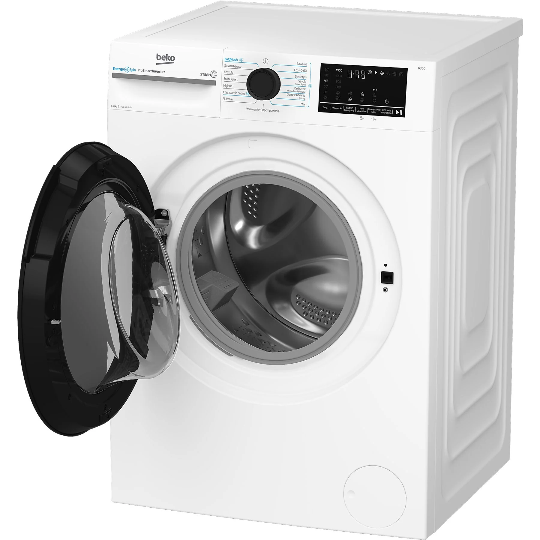 Biała pralka Beko z otwartymi czarnymi drzwiami. Panel sterowania jest po prawej.