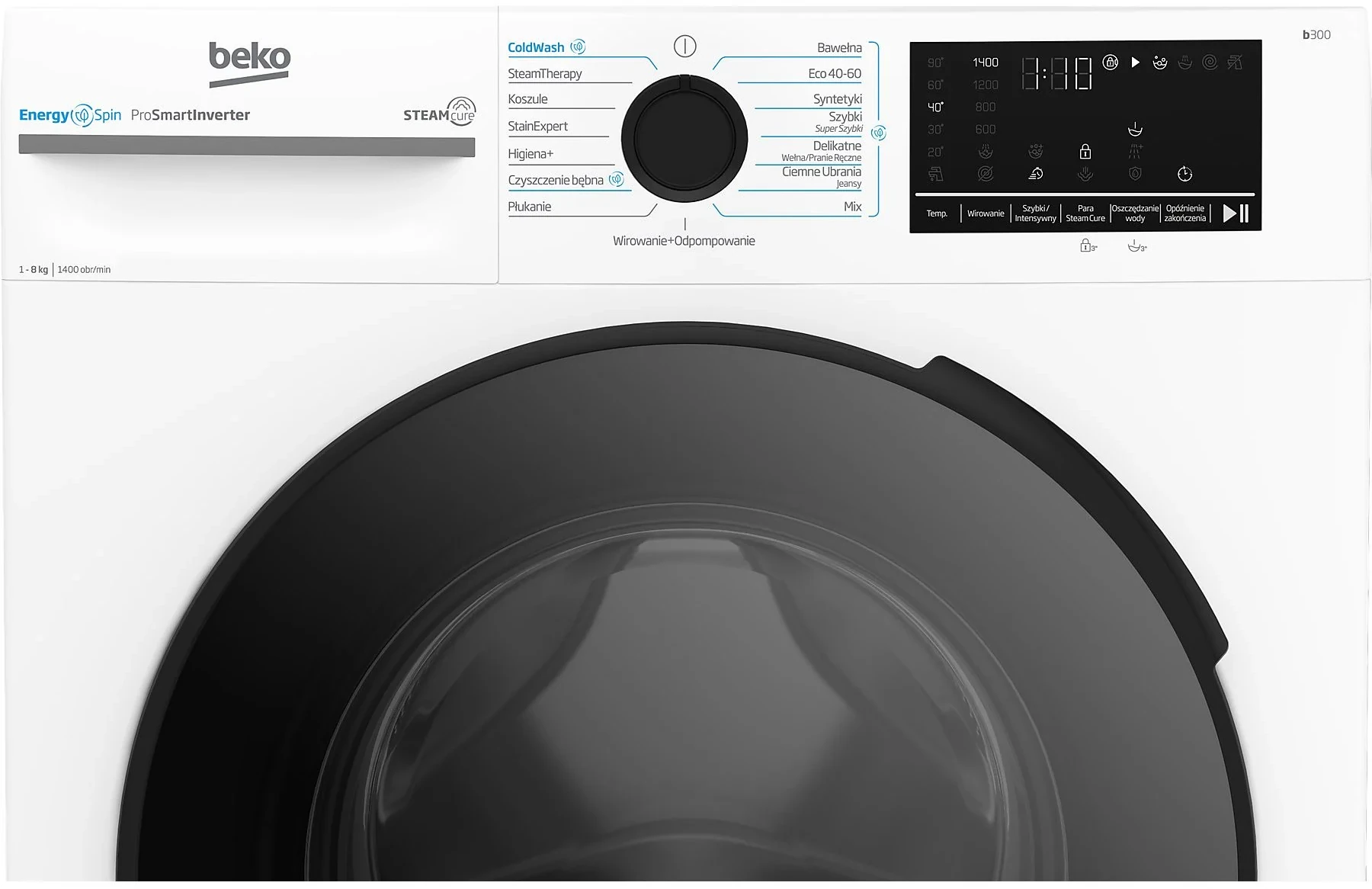 Panel sterowania pralki. Przyciski, centralne pokrętło i wyświetlacz cyfrowy z ustawieniami i czasem.