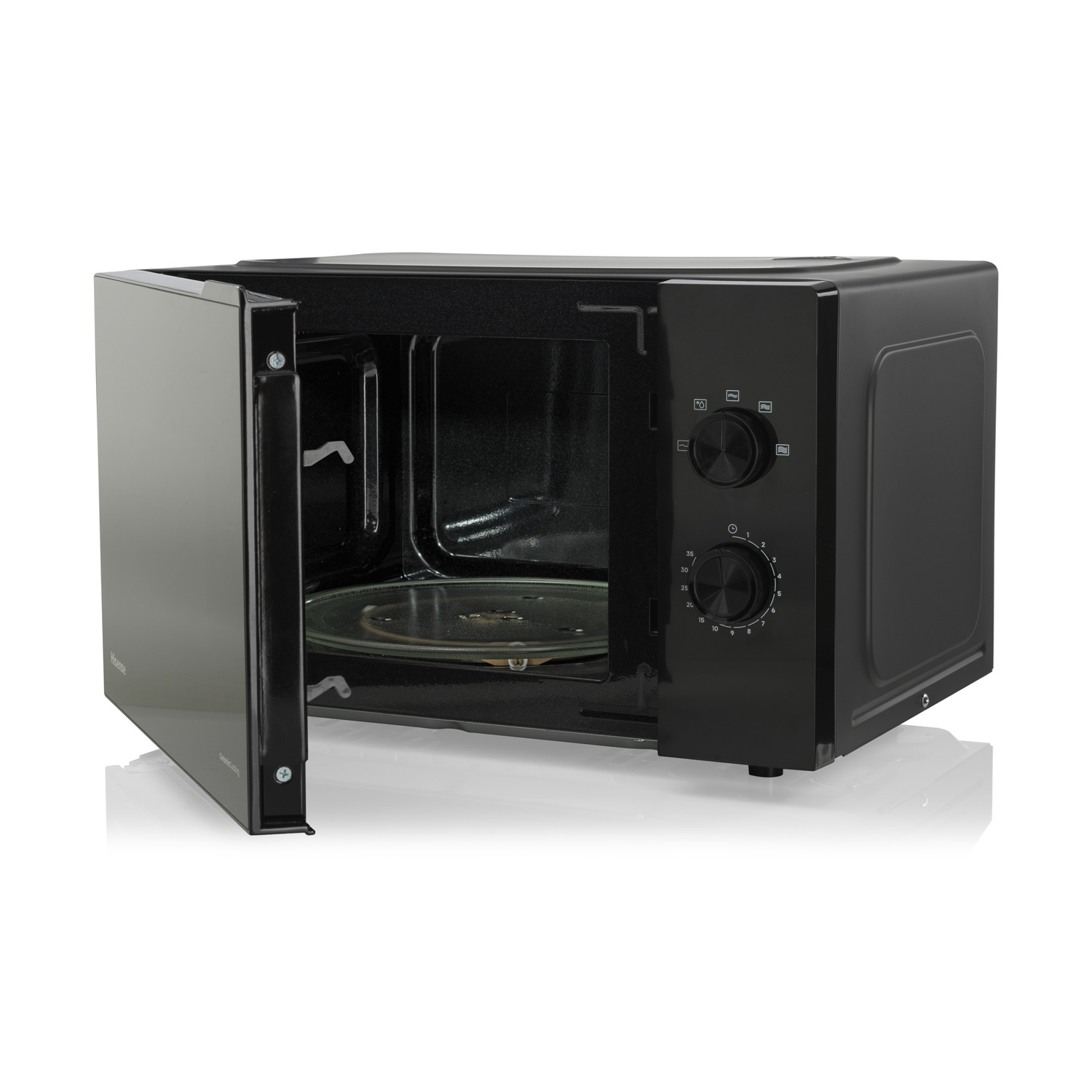 Un forno a microonde nero con la porta aperta, che mostra l'interno e un piatto di vetro. Il pannello di controllo è a destra.