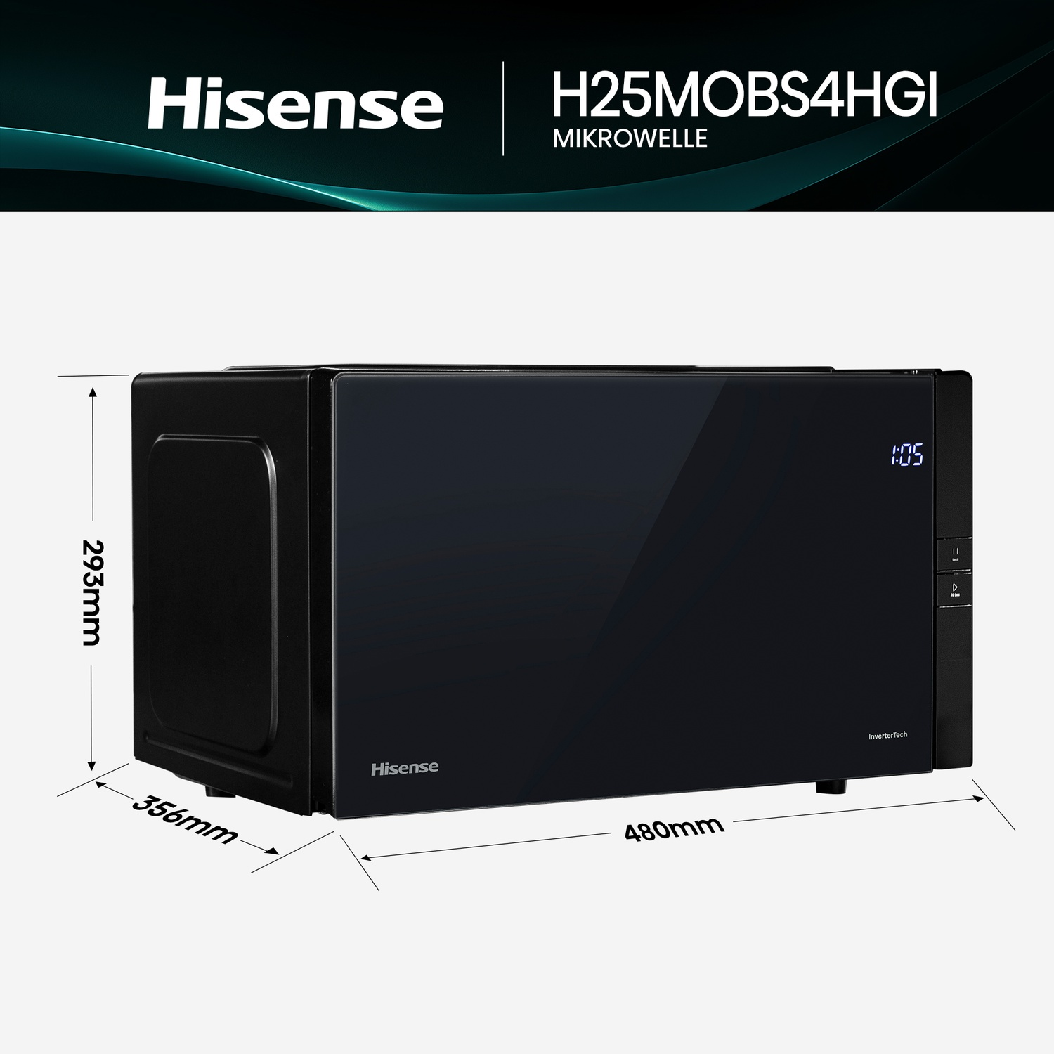 Microonde Hisense nero con dimensioni etichettate. Il display mostra 1:05. Nome del marchio e numero del modello visibili.