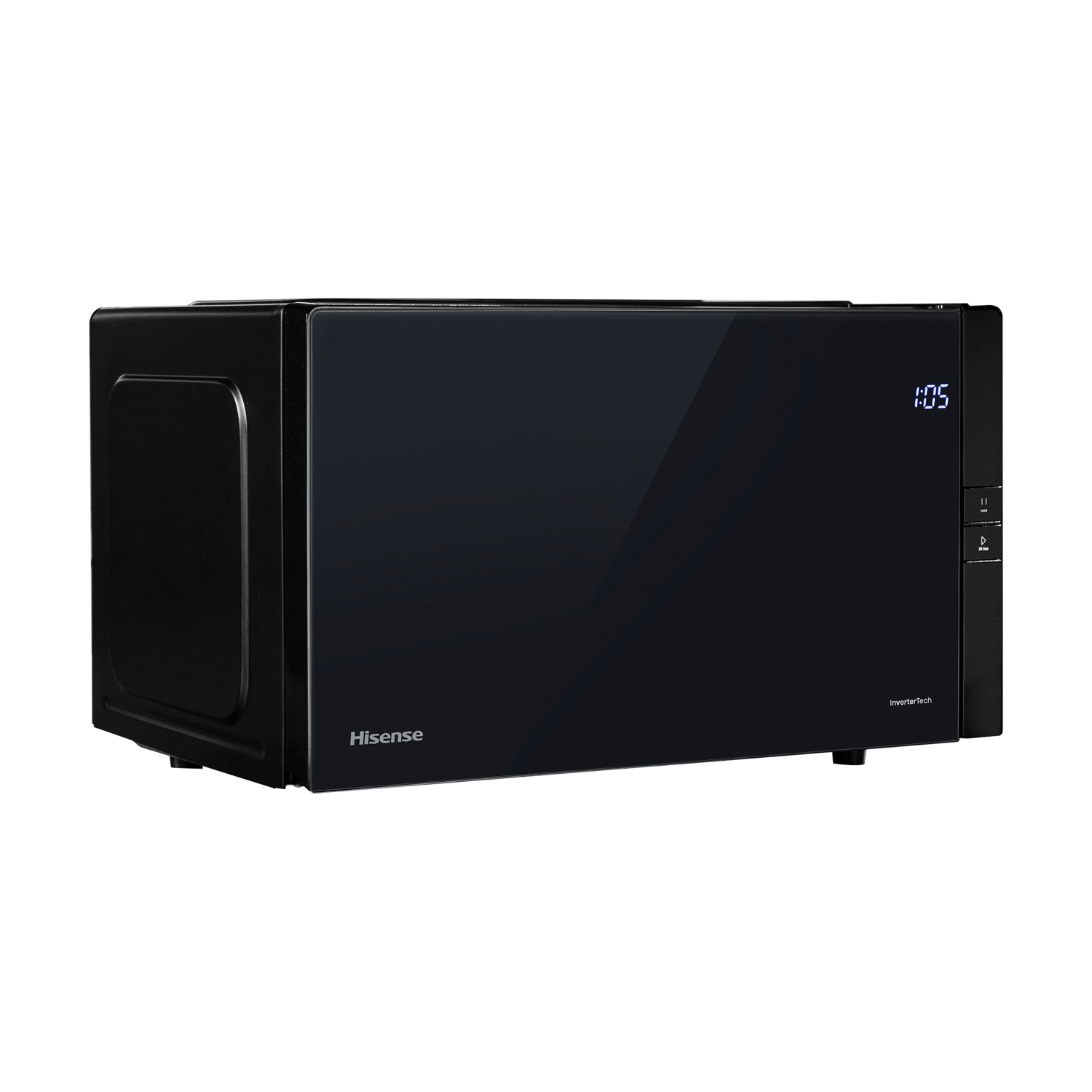 Un forno a microonde Hisense nero con porta a vetro. L'ora 1:05 è visualizzata. InverterTech è scritto a destra.