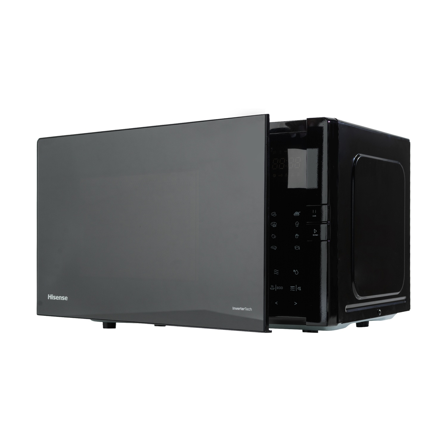 Un forno a microonde Hisense nero con la porta leggermente aperta. Ha un display digitale e pulsanti di controllo sul lato destro.