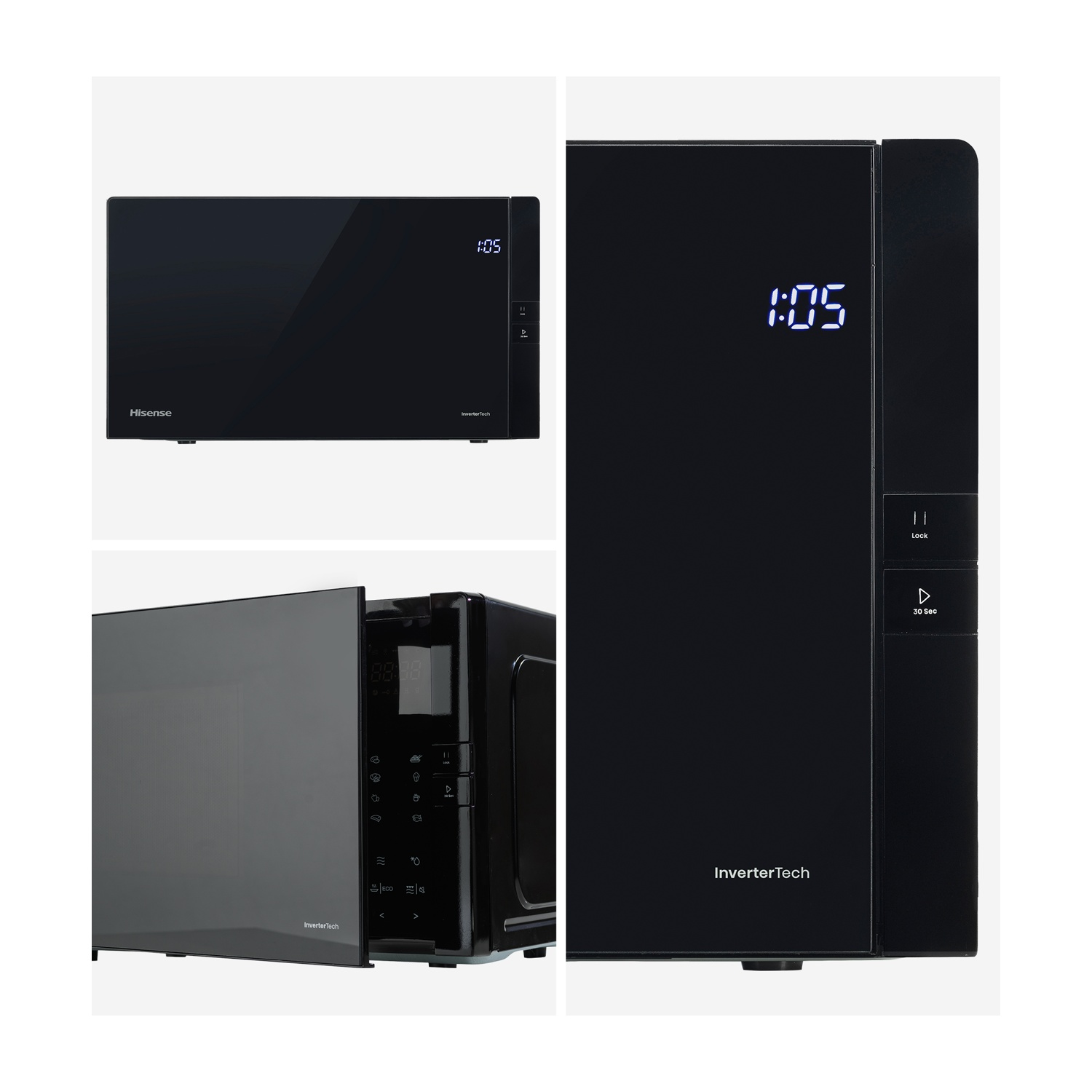 Microonde Hisense nero con display digitale. InverterTech visibile. La porta è chiusa e aperta in due viste.