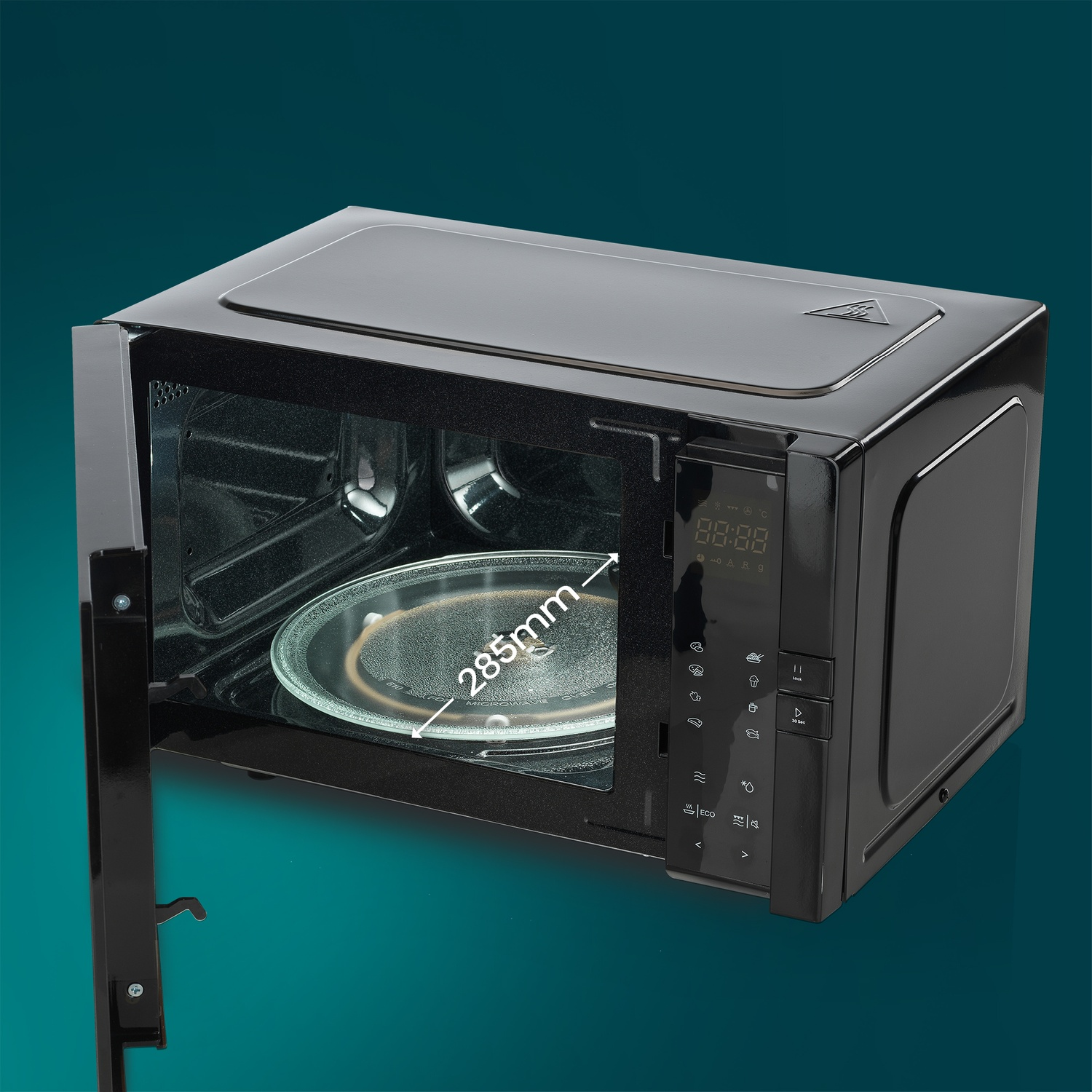 Un forno a microonde nero con la porta aperta. Un piatto di vetro all'interno è etichettato 285 mm. Il display digitale mostra l'ora. Lo sfondo è turchese.