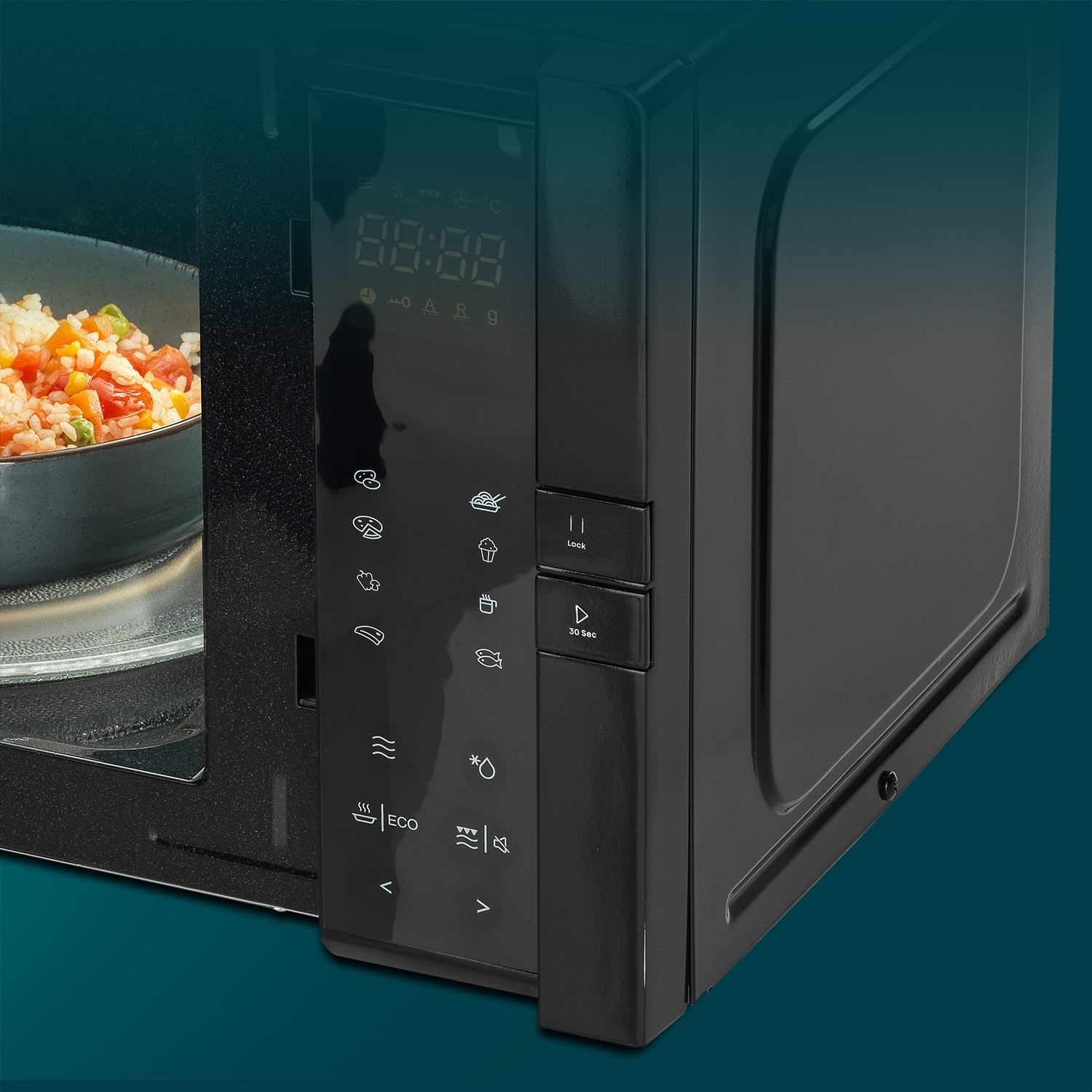 Un forno a microonde nero con una ciotola di cibo all'interno. Il display mostra l'ora. Pulsanti e simboli visibili sul pannello.