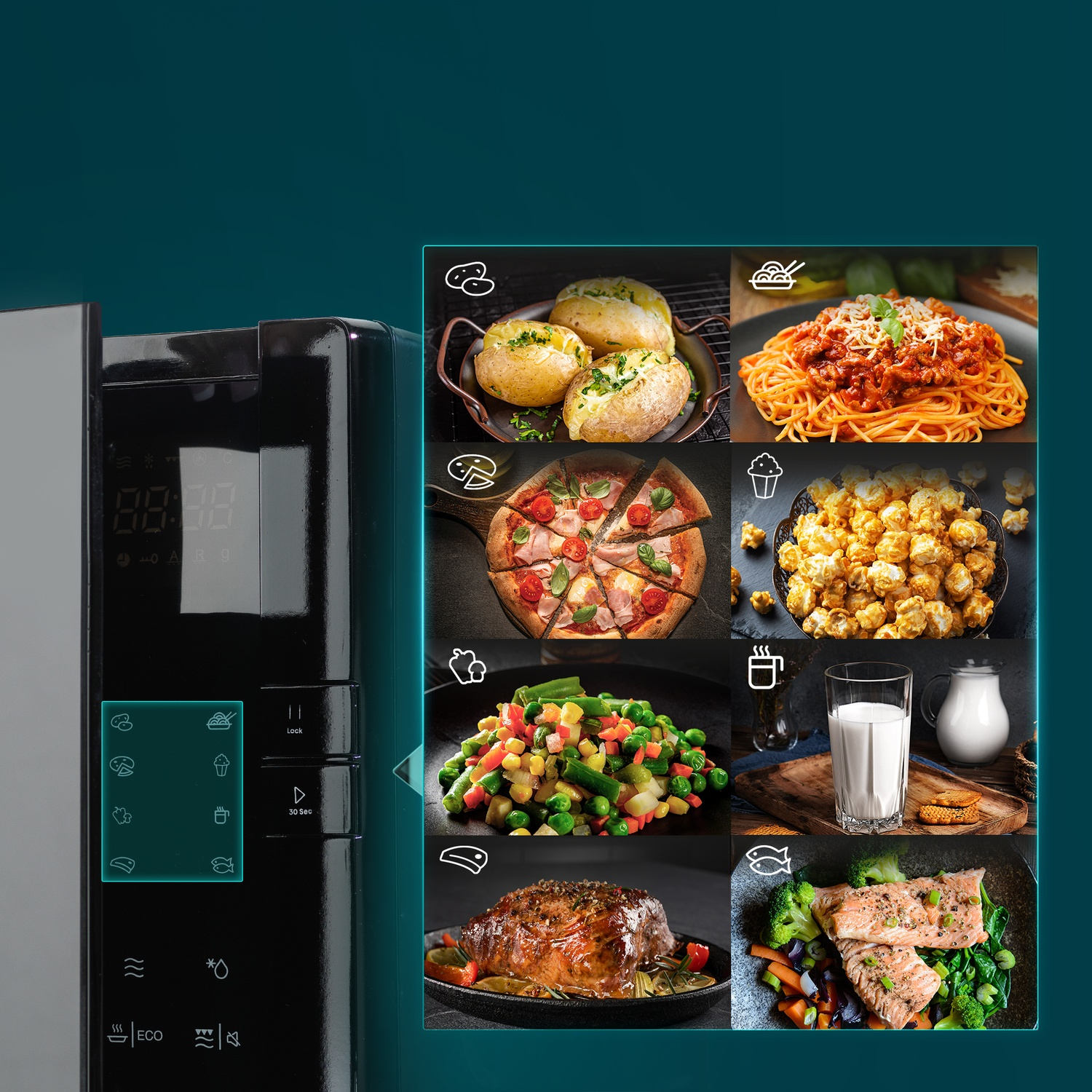 Un forno a microonde con display dell'ora. Icone di cibo a sinistra. Varie immagini di cibo sullo sfondo.