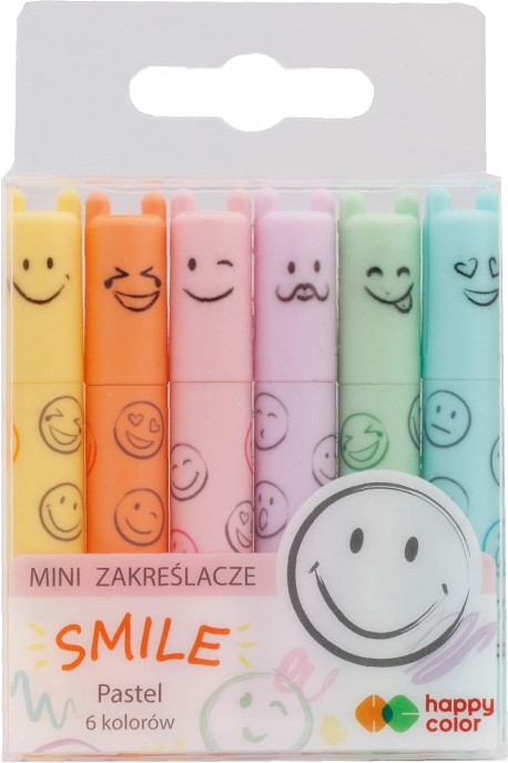 Opakowanie sześciu pastelowych zakreślaczy z uśmiechniętymi twarzami. Każdy ma inny kolor: żółty, pomarańczowy, różowy, zielony i niebieski. Pudełko ma uśmiech.