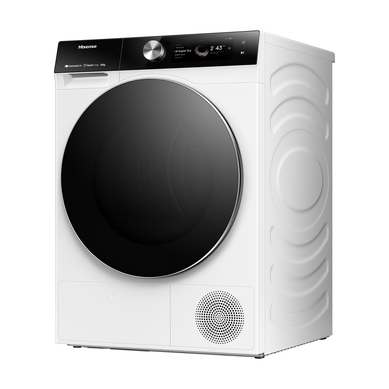 Un'asciugatrice Hisense bianca. Ha una grande porta nera, un display digitale che mostra l'ora e un pannello di controllo in alto.