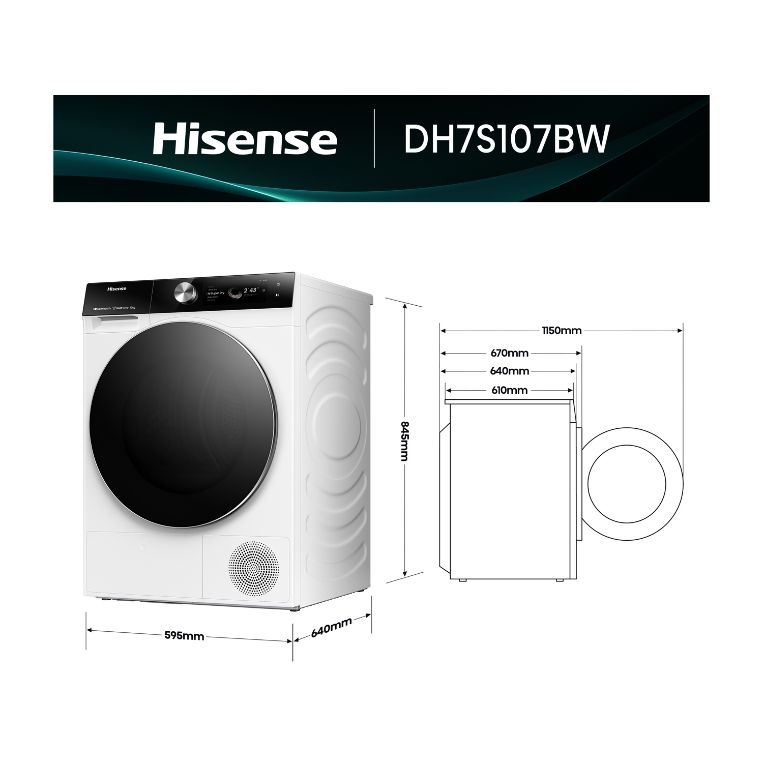 Un'asciugatrice Hisense bianca con porta nera. Dimensioni visualizzate, misure in millimetri.