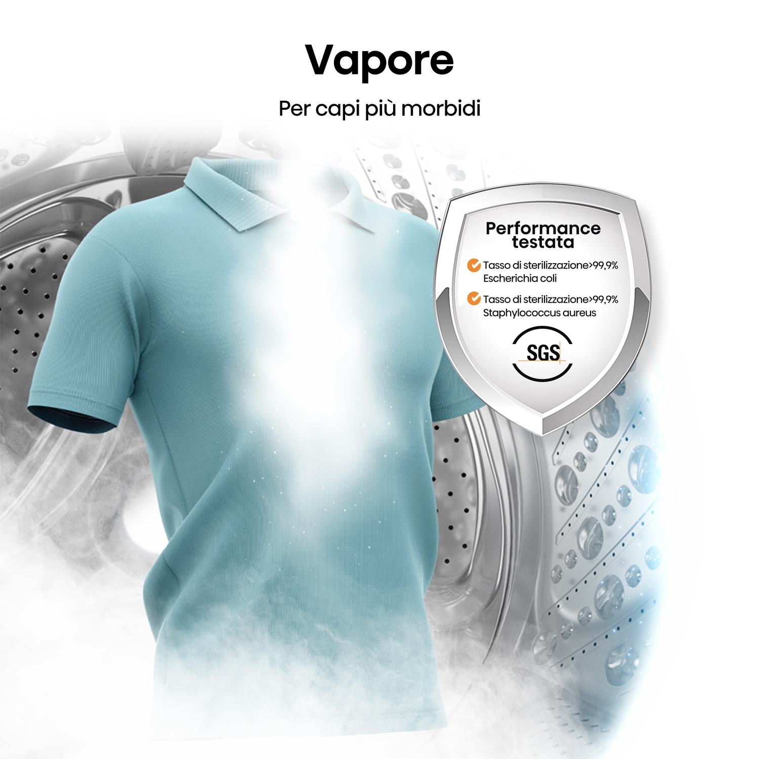 Polo azzurra con effetto vapore, testo 'Vapore'. Uno scudo mostra risultati del test di sterilizzazione.