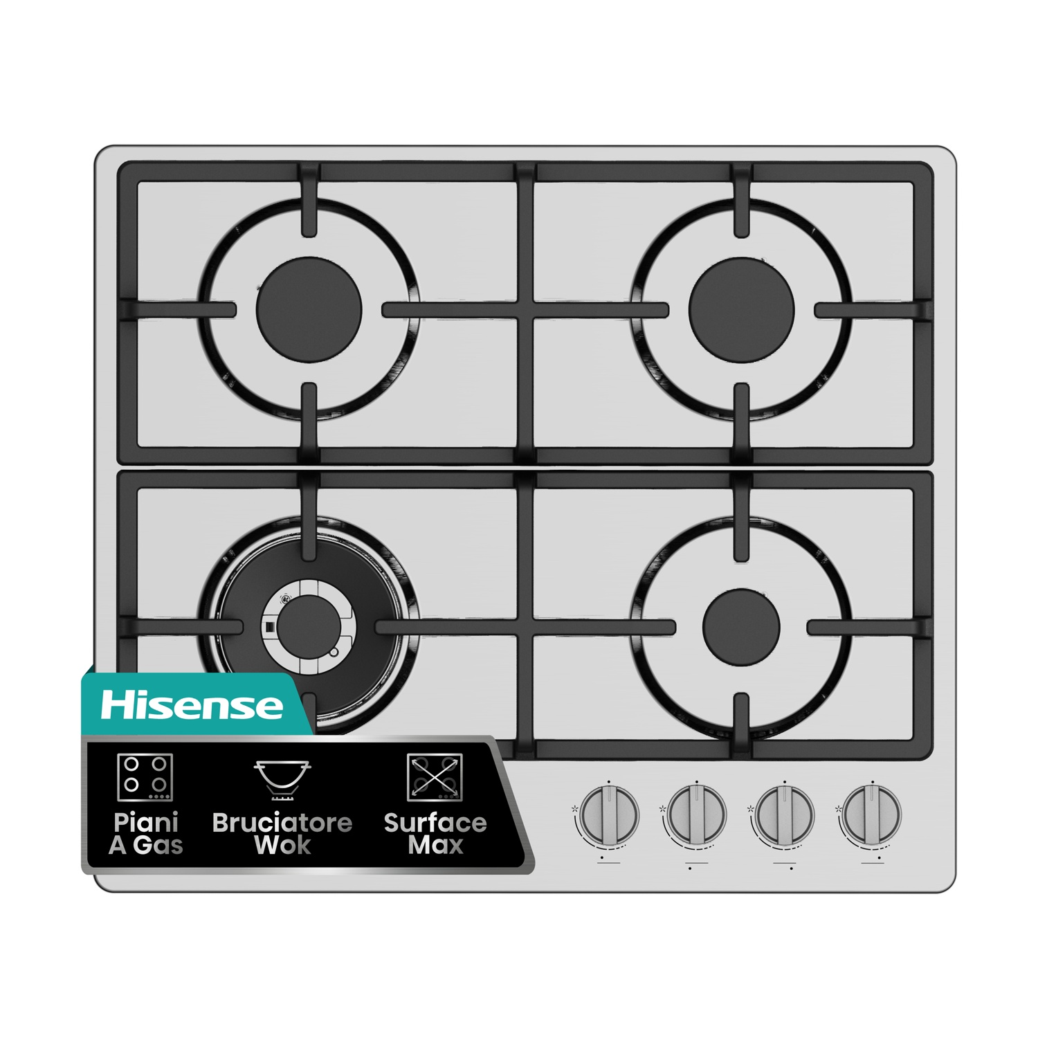 Hisense Gm663Xhfsi Piano Cottura Gas, 4 zone di cottura, dimensioni: L 60 cm, P 52 piano in Acciaio, Acciaio Inox