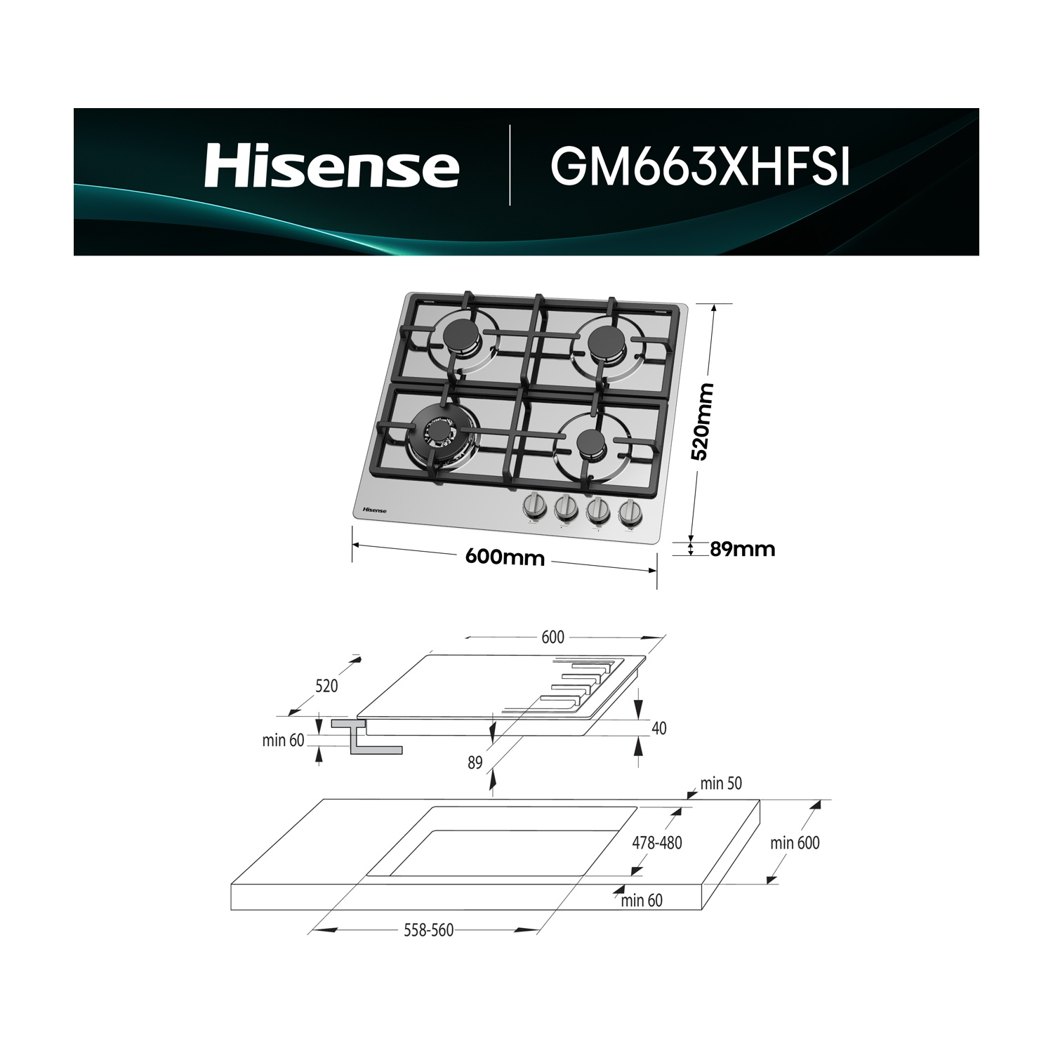 Un piano cottura a gas Hisense GM663XHFSI con quattro bruciatori e diagrammi dimensionali. Le dimensioni sono in millimetri.