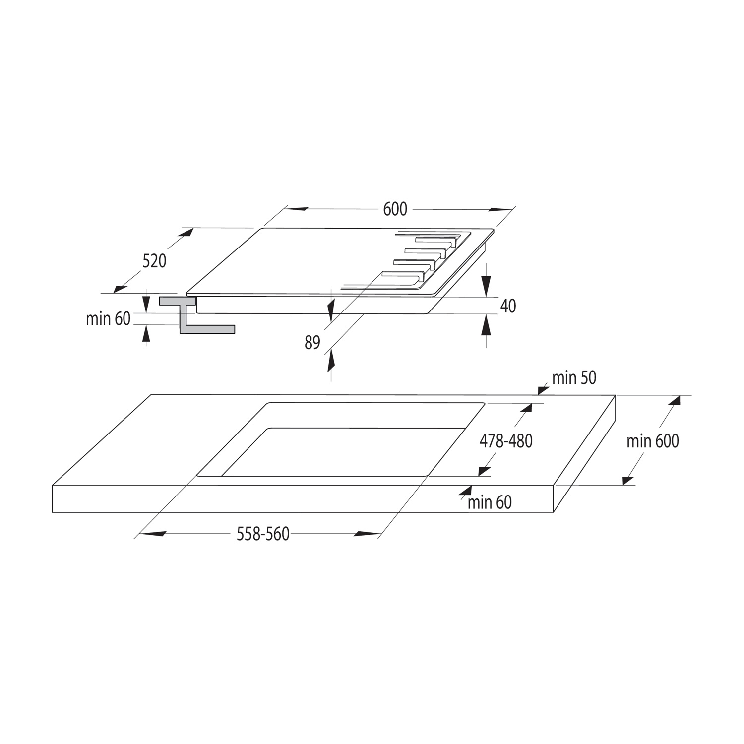Diagramma di un piano cottura con dimensioni e misure in millimetri. Mostra una vista dall'alto e una vista laterale con etichette e frecce.