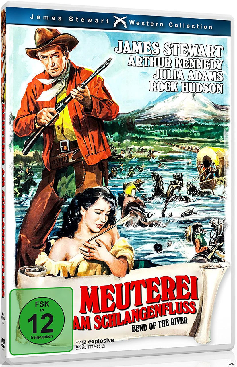 Filmposter. James Stewart hält ein Gewehr. Eine Frau ist im Vordergrund, eine Flussszene im Hintergrund.