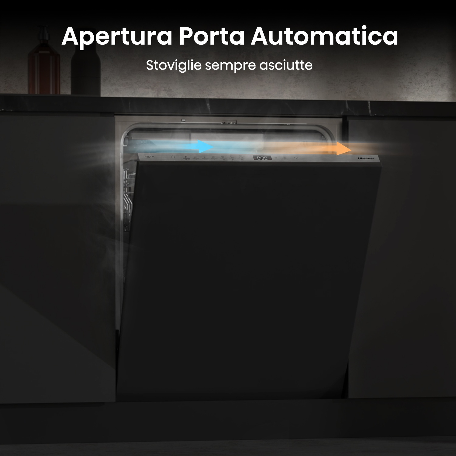 Una lavastoviglie con la porta aperta. Il testo recita 'Apertura automatica della porta' e 'Stoviglie sempre asciutte'. Frecce blu e arancioni indicano il flusso d'aria.