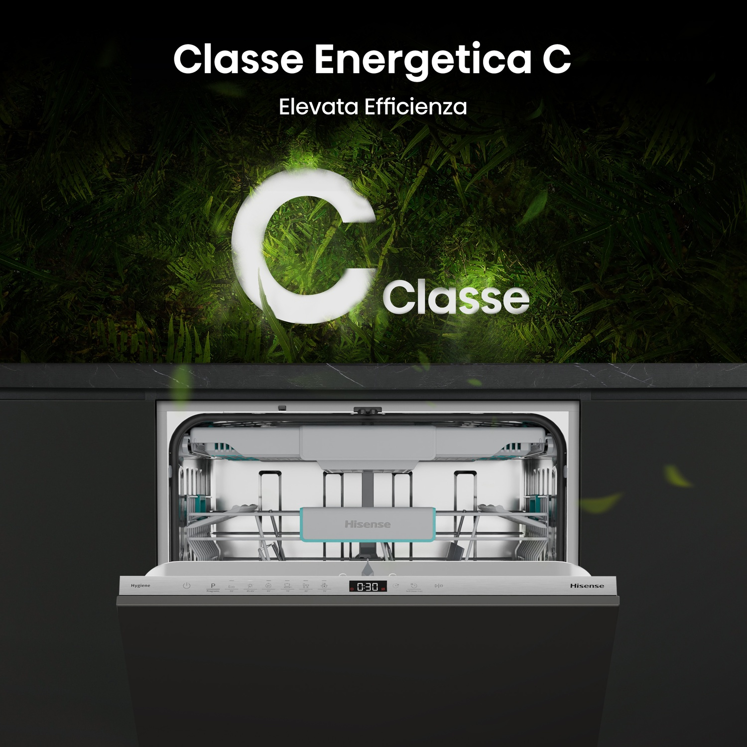 Lavastoviglie aperta con classe energetica "C". Un modello Hisense mostra la porta aperta. Lo sfondo ha un fogliame verde.