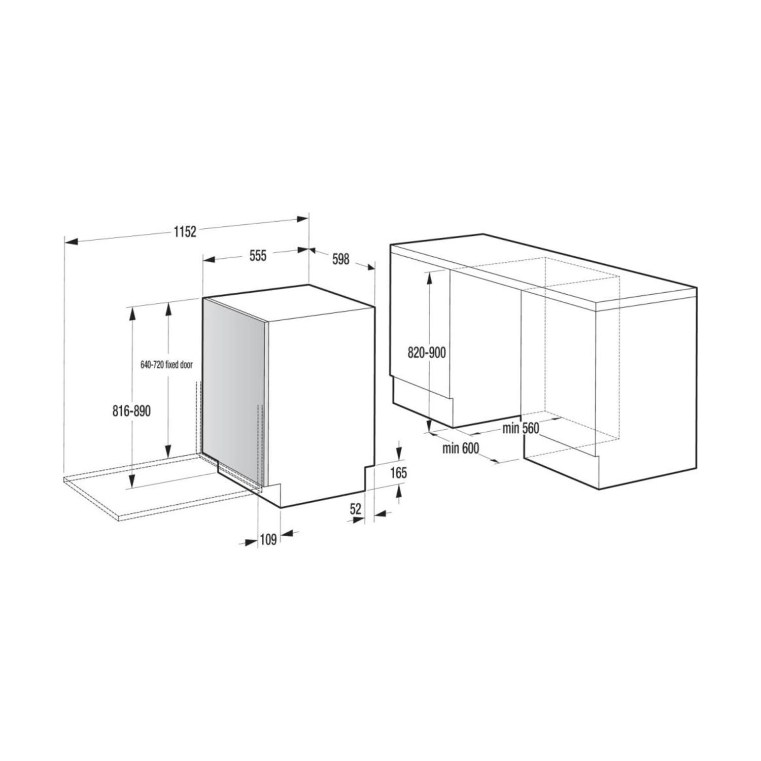 Diagramma che mostra le dimensioni di un elettrodomestico da cucina a incasso. Misure in millimetri.