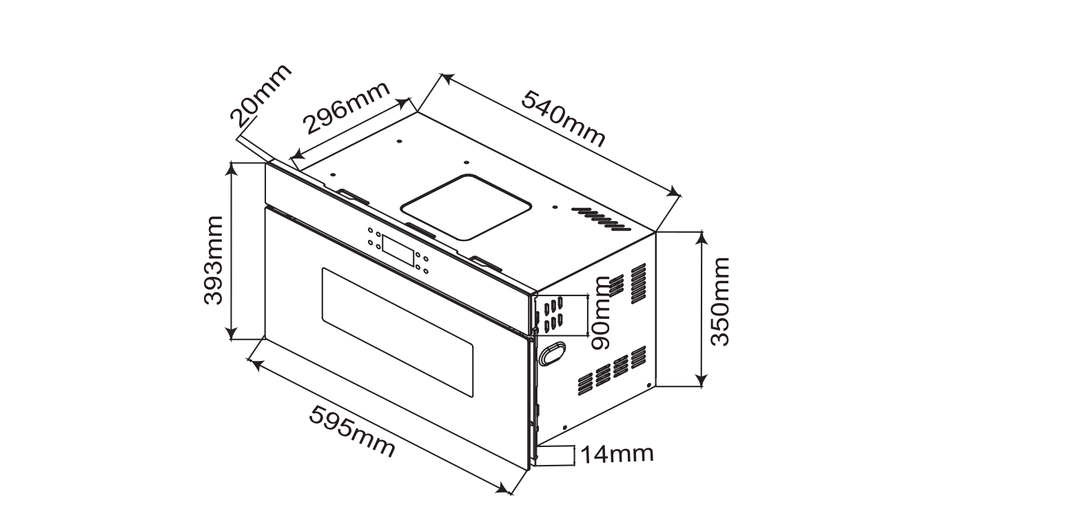 Beépített sütő diagramja, méretekkel: 595mm széles, 393mm magas, és 540mm mély. Méretek egyértelműen jelölve.