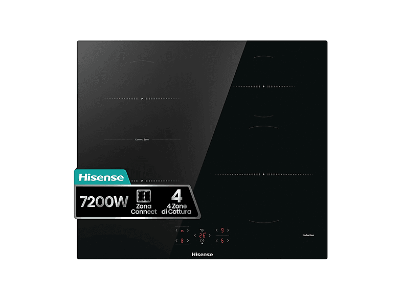 HISENSE HI621FM PIANO COTTURA A INDUZIONE, 4 zone di cottura, dimensioni: L 59,5 cm, P 52 piano in Vetroceramica, Nero