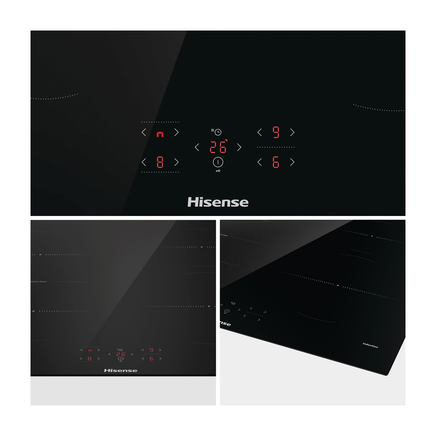Piano cottura a induzione Hisense nero con display digitale rosso con numeri e simboli. Comandi a sfioramento con frecce.