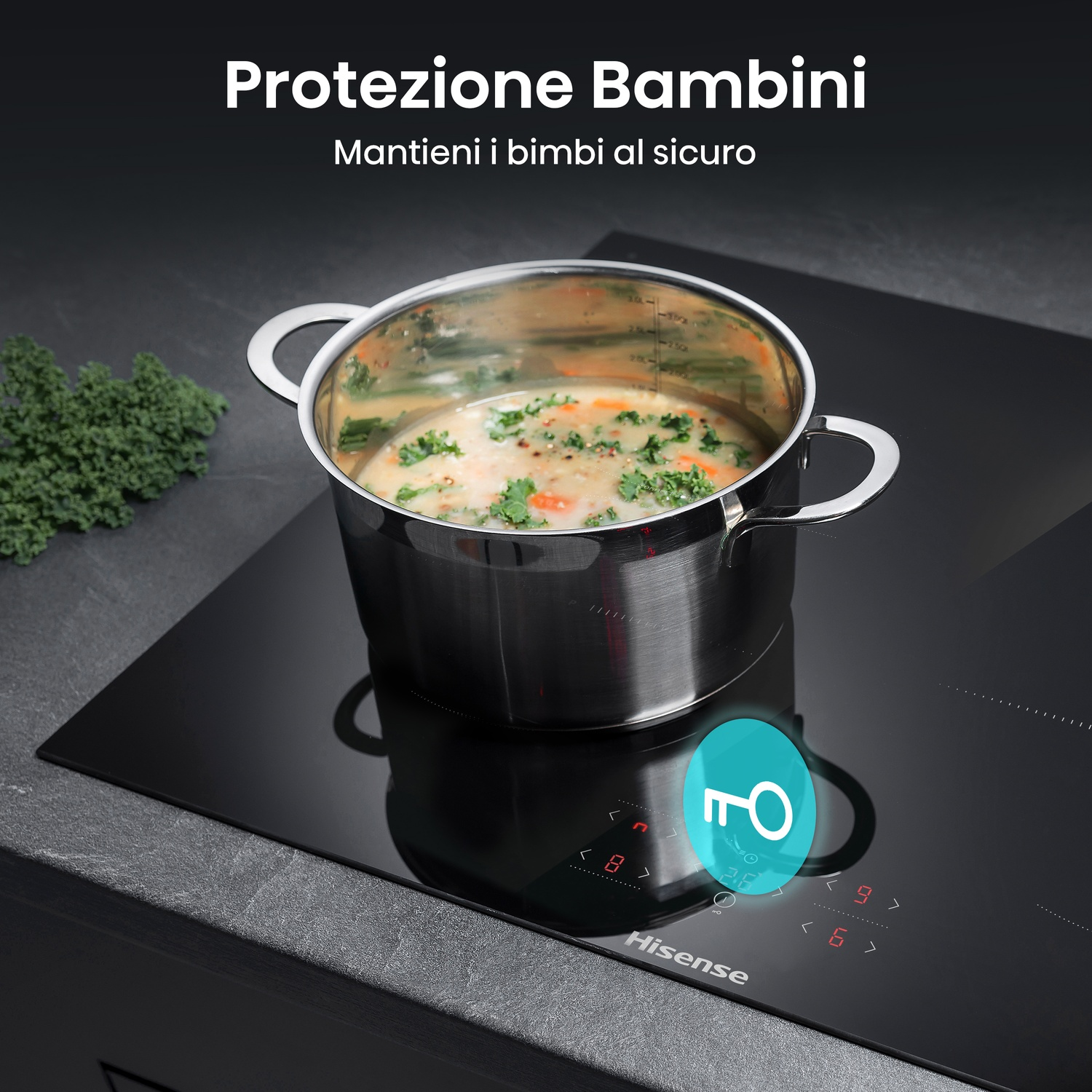 Una pentola con zuppa su un fornello nero. Il testo dice 'Protezione Bambini'. Un'icona a chiave si illumina.
