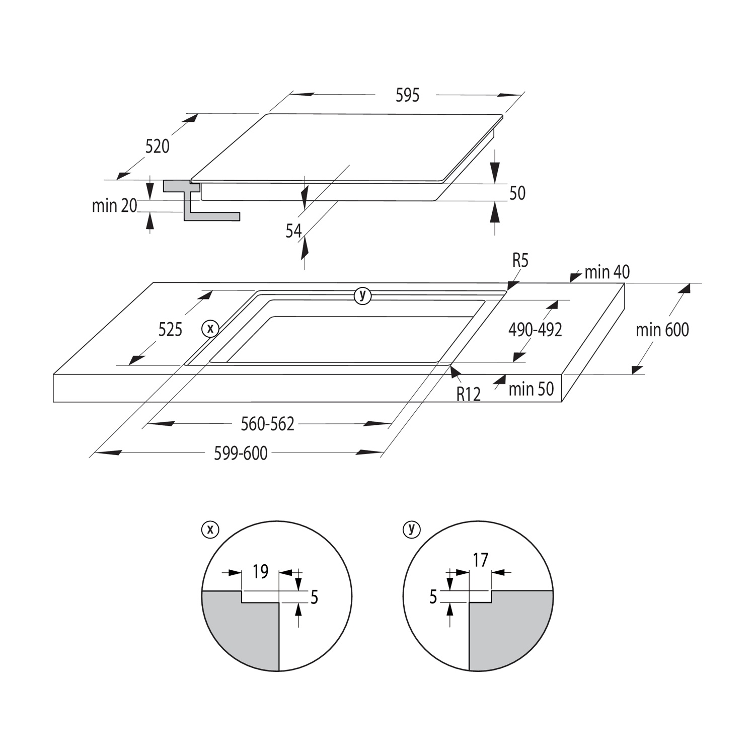 Diagramma di un piano cottura con misure. Vista dall'alto mostra le dimensioni. Viste dettagliate evidenziano bordi con misure in mm.
