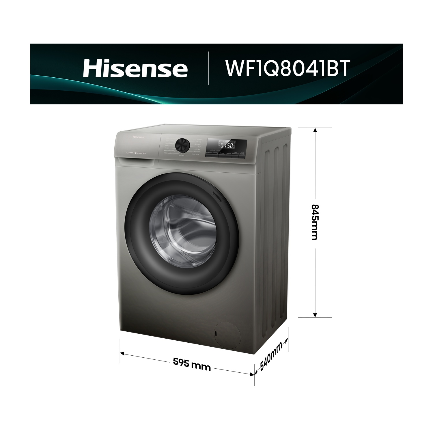 Viene mostrata una lavatrice grigia Hisense WF1Q8041BT. Dimensioni: 845 mm di altezza, 595 mm di larghezza e 540 mm di profondità.
