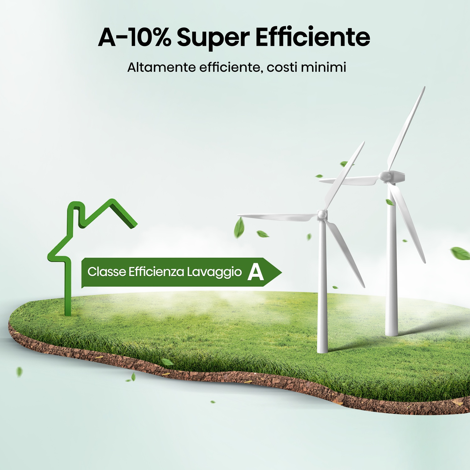 Icona casa verde e etichetta energetica A su isola d'erba con mulini a vento. Testo: A-10% Super Efficiente. Altamente efficiente, costi minimi.