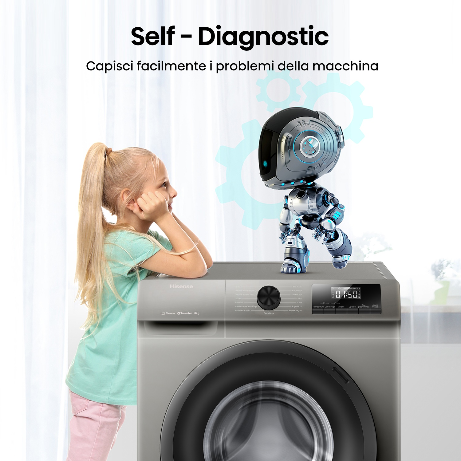 Una ragazza guarda una lavatrice con un robot sopra. Testo: Autodiagnostica. La macchina mostra un timer.