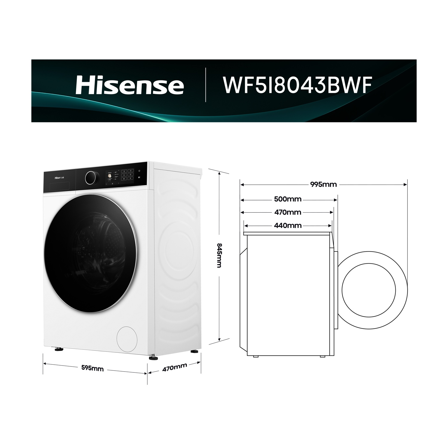 Una lavatrice Hisense WF5I8043BWF bianca con dimensioni etichettate. Un diagramma mostra la macchina di lato e di fronte.