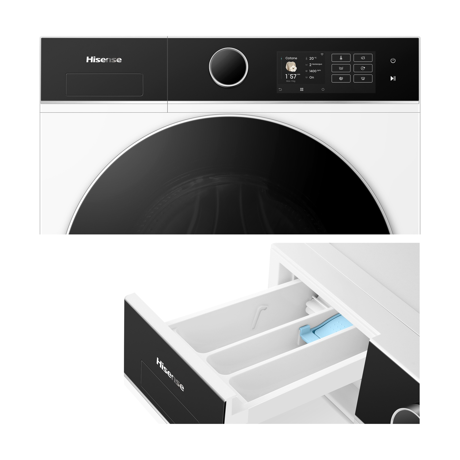 Una lavatrice Hisense. La parte superiore mostra un pannello di controllo e un pulsante rotondo. La parte inferiore mostra il cassetto del detersivo.