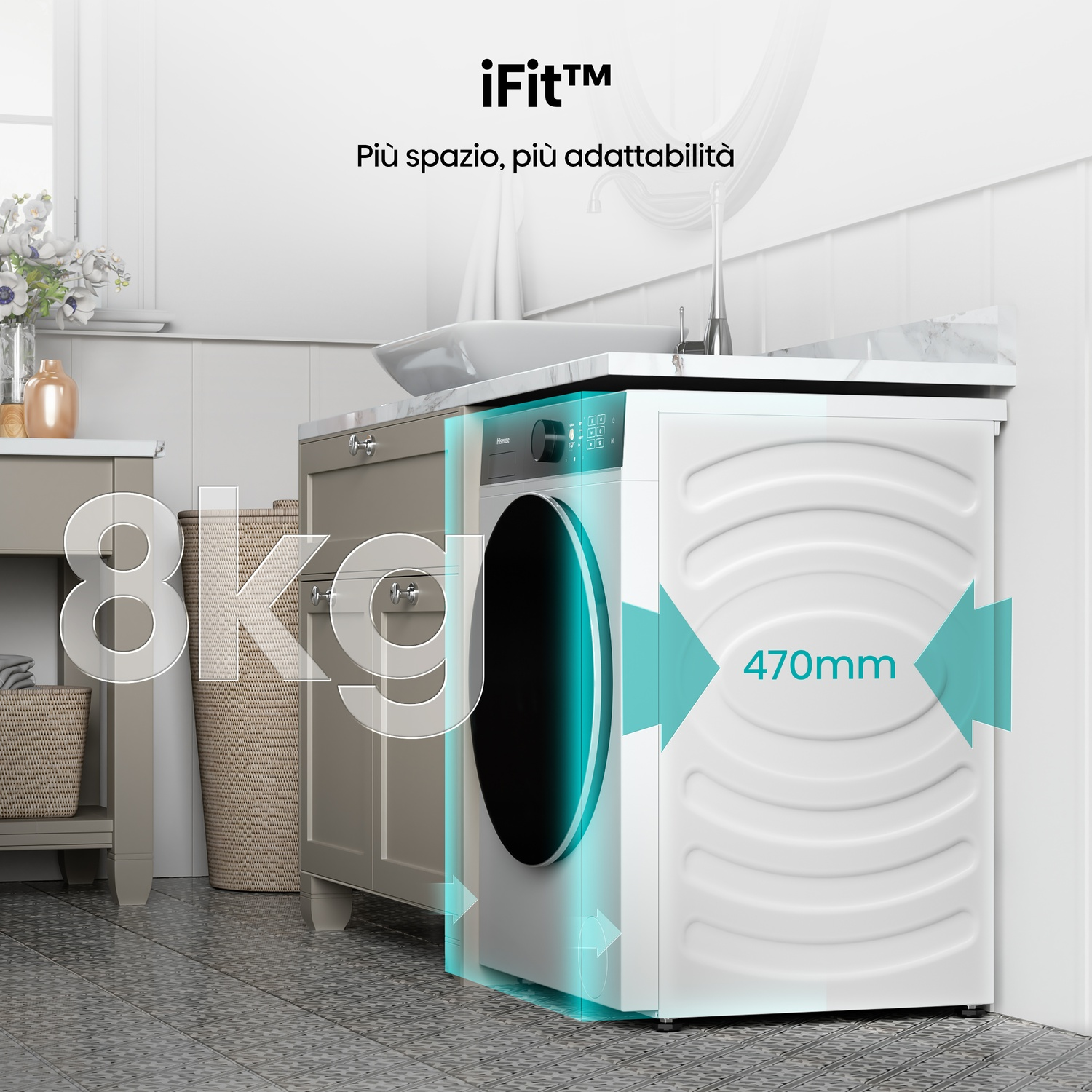 Una lavatrice in un ambiente bagno è evidenziata con dimensioni e capacità. L'immagine promuove spazio e adattabilità.