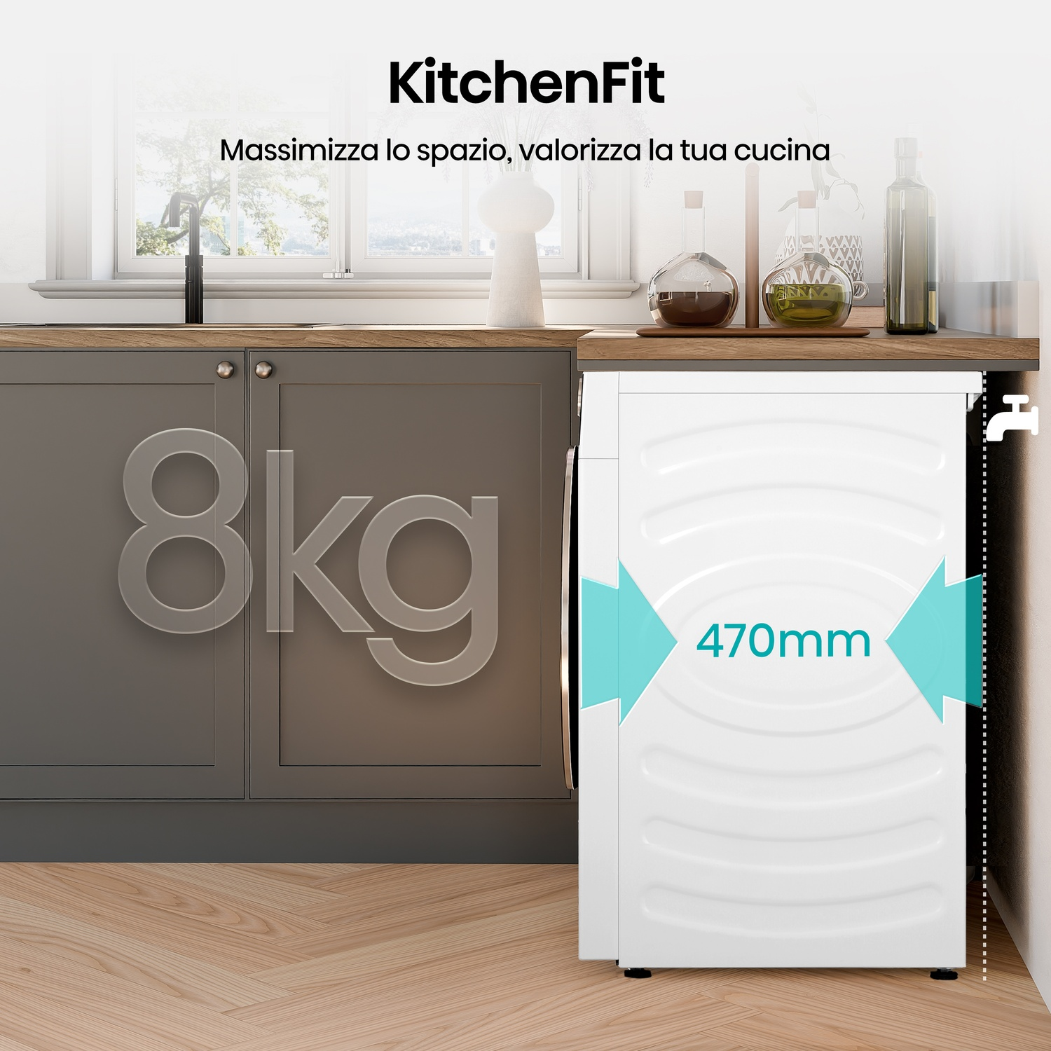 La pubblicità di KitchenFit mostra un elettrodomestico bianco, capacità 8 kg e larghezza 470 mm, all'interno di una cucina. Armadietti, lavello e bottiglie visibili.