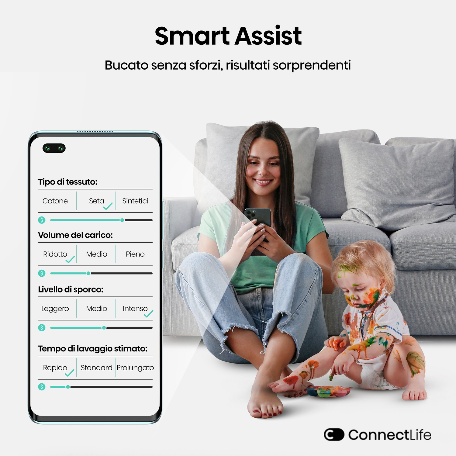 Una donna e un bambino sono per terra. La donna tiene un telefono, il bambino è coperto di vernice. Un telefono mostra le impostazioni della lavatrice.