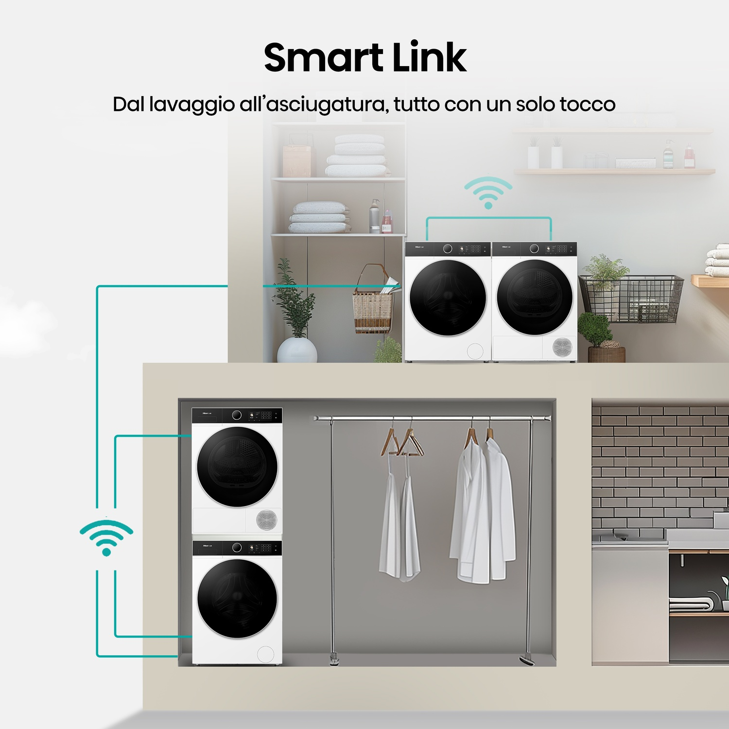 Un grafico che mostra lavatrici intelligenti collegate tramite Wi-Fi. Mostra lavatrici, asciugatrici e un appendiabiti con capi bianchi.