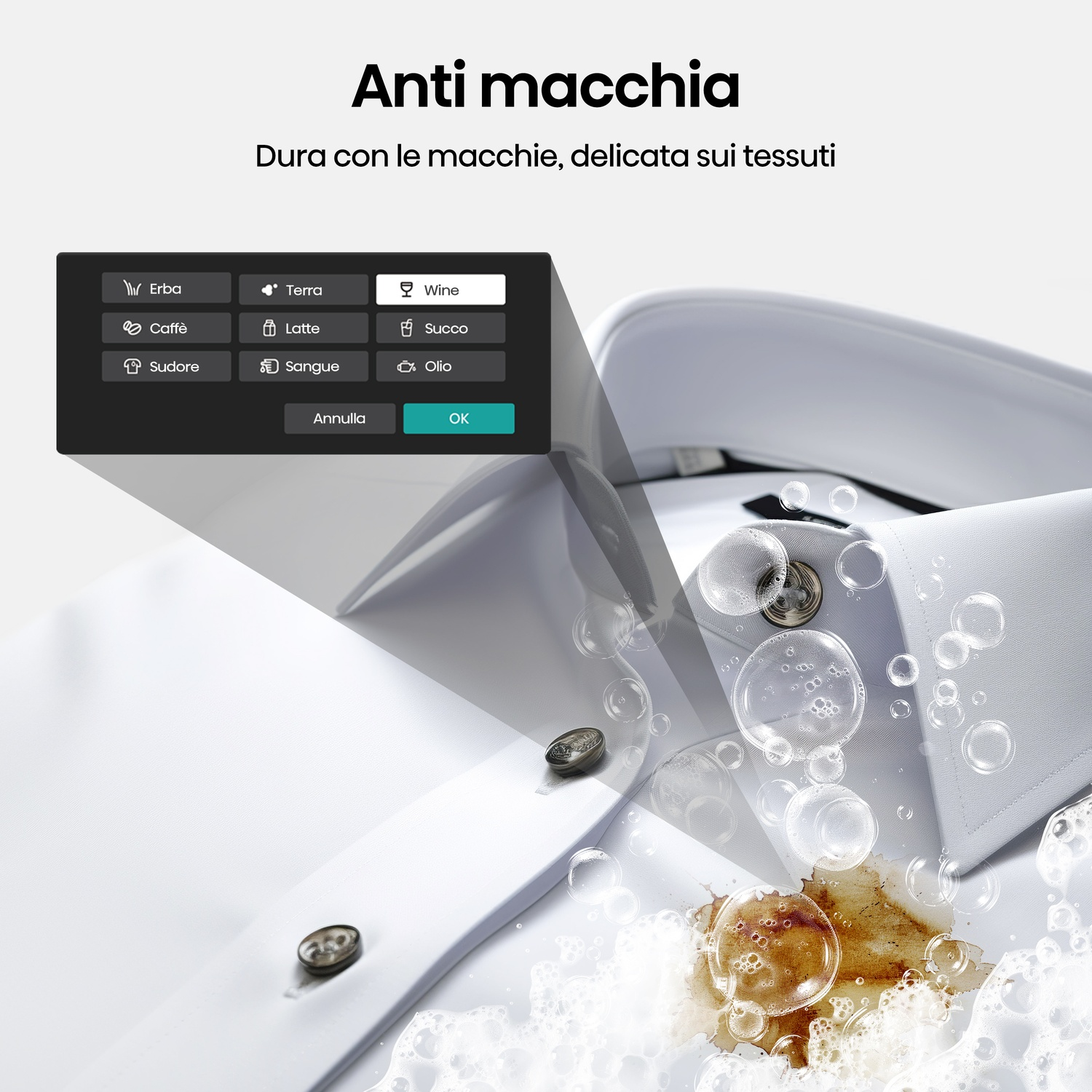 Una camicia bianca con una macchia di caffè viene pulita. Viene mostrato un menu con tipi di macchie come vino e caffè.