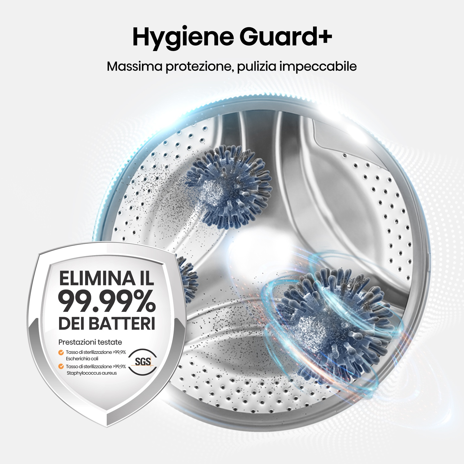 Pubblicità con cestello lavatrice, virus blu, scudo con testo e logo Hygiene Guard+.
