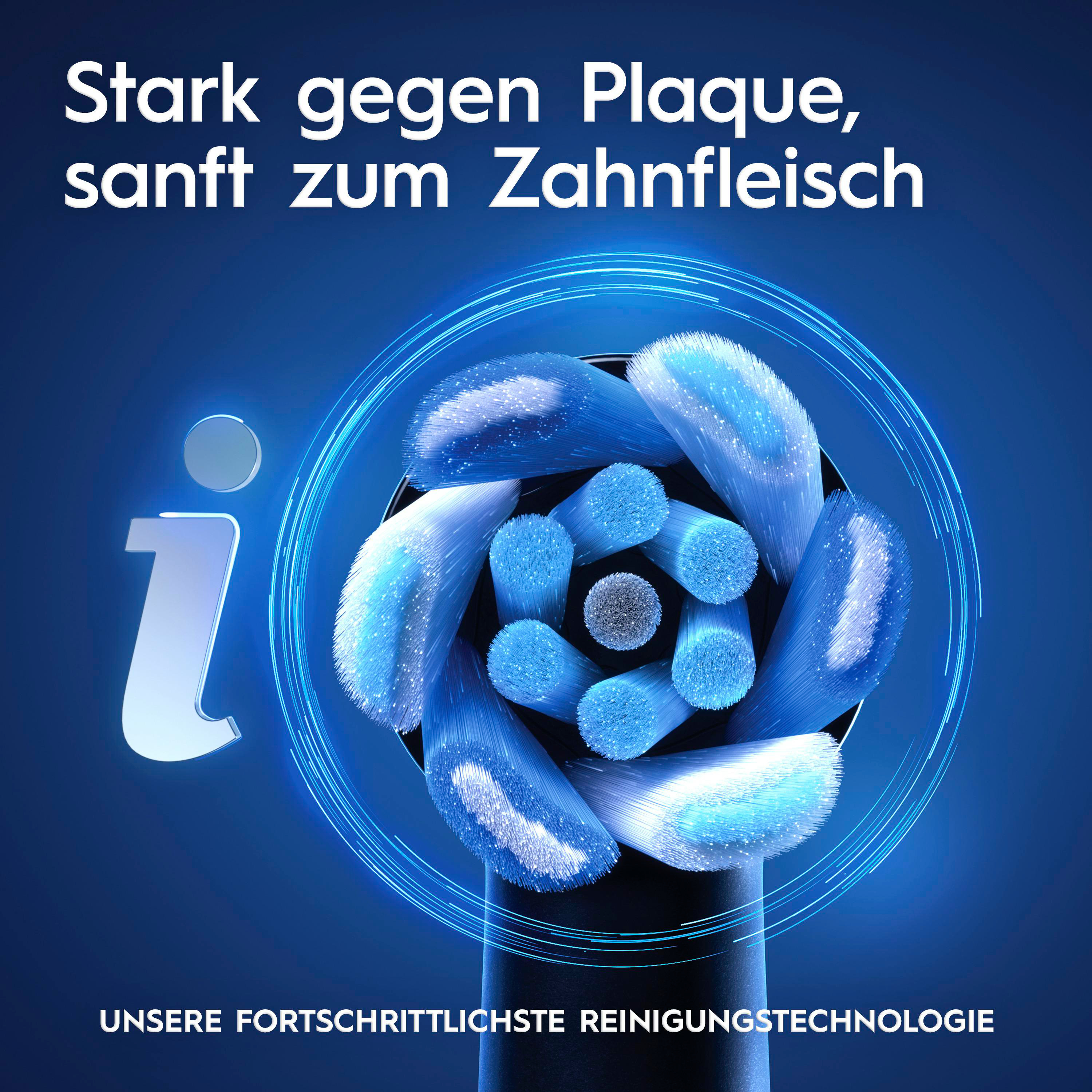 Ein elektrischer Zahnbürstenkopf mit blauen Borsten. Überschrift: 'Stark gegen Plaque, sanft zum Zahnfleisch'.