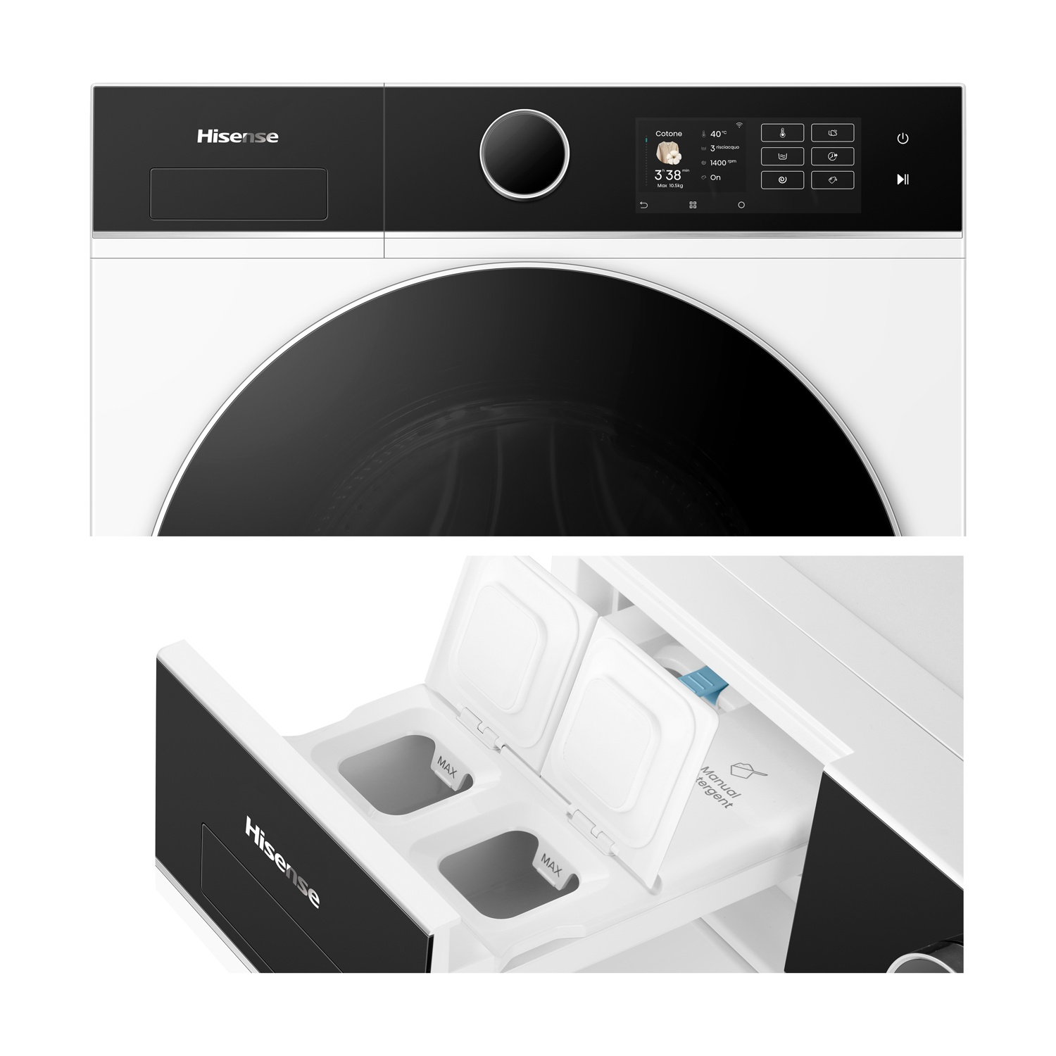 Una lavatrice Hisense bianca con pannello frontale e display di controllo neri. Il cassetto del detersivo è aperto, mostrando i scomparti.